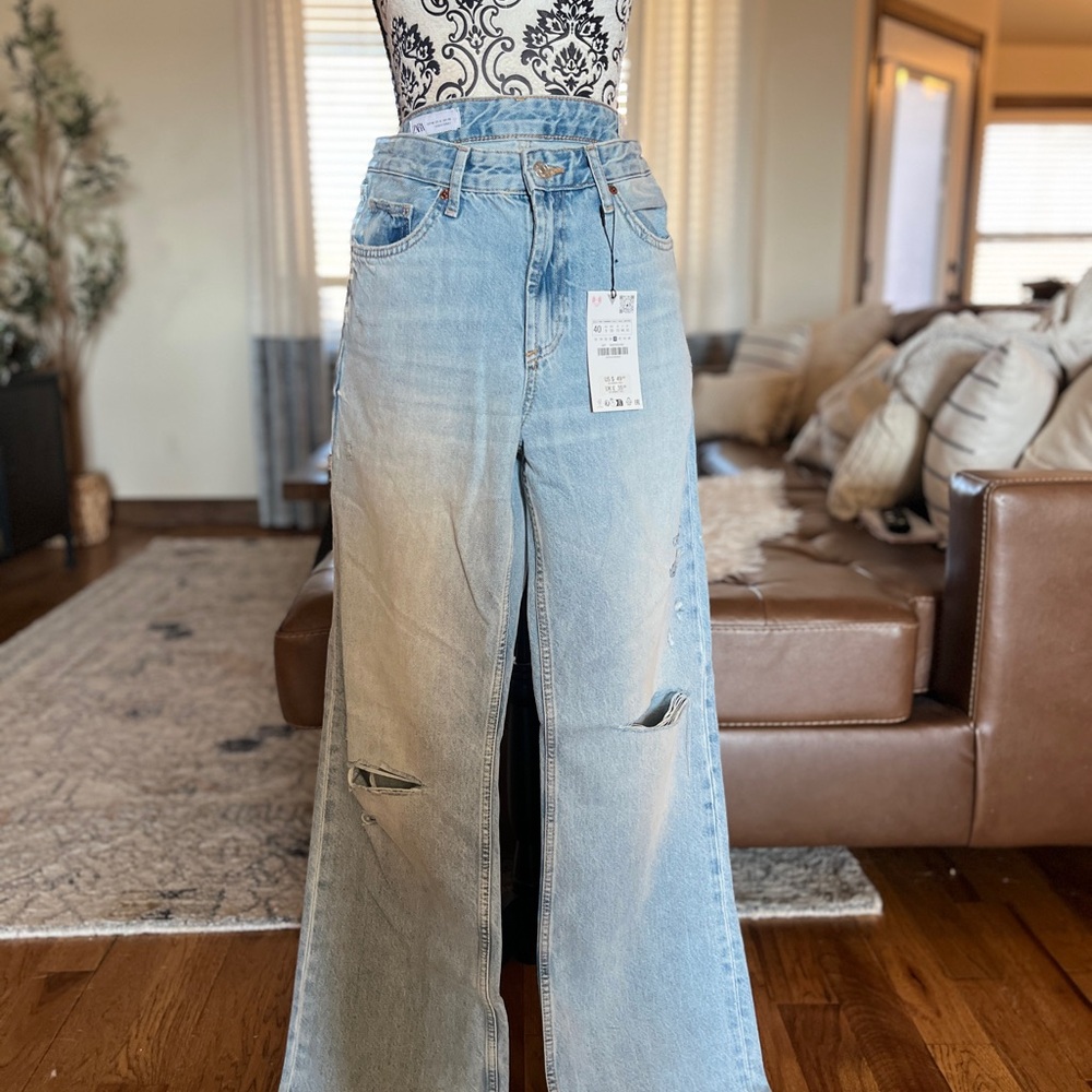 Light Blue Distressed Wide-Leg Jeans